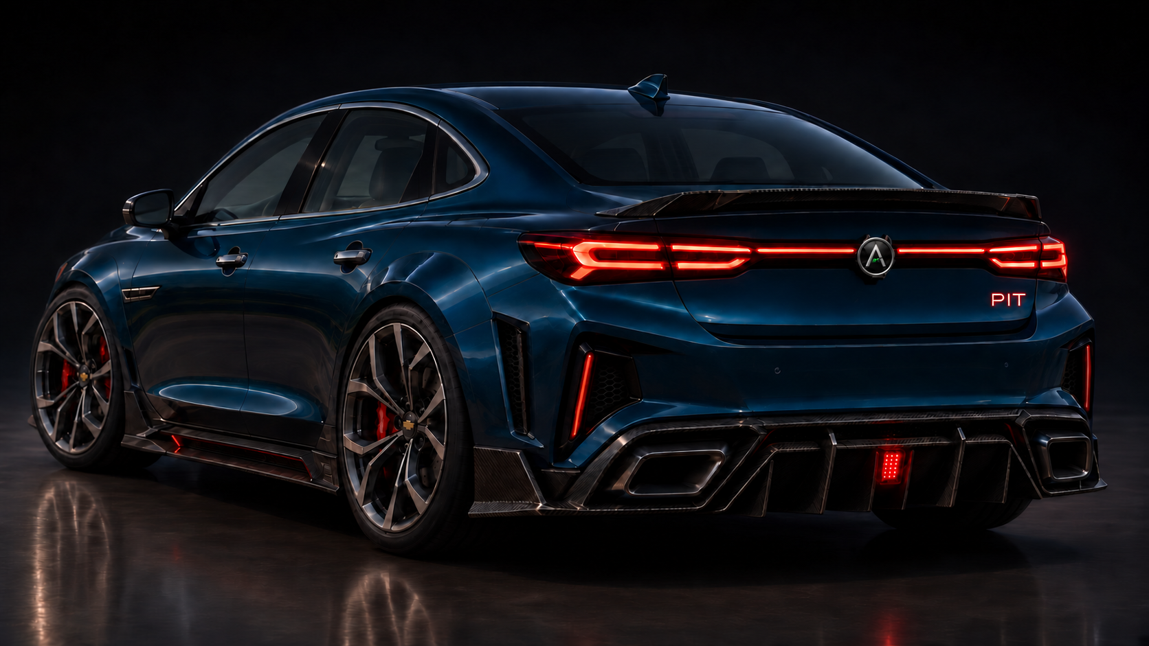 Aether PIT performance sedan shown from the rear in a dark studio